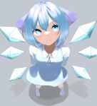  1girl absurdres arms_behind_back bangs blue_bow blue_dress blue_eyes blue_hair blush bow cirno dress fal-faaaaaaal foreshortening from_above full_body grey_background hair_between_eyes hair_bow highres ice ice_wings legs_apart light_smile looking_at_viewer looking_up puffy_sleeves red_ribbon revision ribbon shadow short_hair simple_background solo standing touhou white_legwear wings 