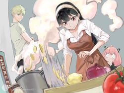  anya_(spy_x_family) apron artist_request black_hair blonde_hair child chopping cooking cutting_board green_eyes highres kitchen onion pink_hair pot potato red_eyes shirt spy_x_family tomato twilight_(spy_x_family) vapors white_shirt yor_briar 