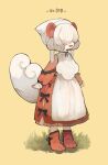  1girl :d absurdres animal_ears boots bow copyright_request dress fang full_body grass hair_over_eyes highres long_sleeves open_mouth sakutake_(ue3sayu) short_hair simple_background smile solo standing tail white_hair 