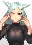  1girl animal_ears blue_eyes blush breasts cat_ears facial_mark final_fantasy final_fantasy_xiv green_eyes grey_hair hair_ornament hairclip heterochromia highres kilye_kairi long_hair looking_at_viewer medium_breasts miqo&#039;te solo upper_body whisker_markings 