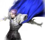  1boy armor backlighting blue_cape cape fate/grand_order fate_(series) feet_out_of_frame fighting_stance frown kasei_yukimitsu lancelot_(fate/grand_order) looking_to_the_side male_focus pauldrons purple_hair short_hair shoulder_armor solo white_armor 