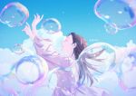  1girl ajimita arms_up back black_hair bubble closed_eyes clouds day dress from_side long_hair open_mouth original signature sky smile solo upper_body white_dress 