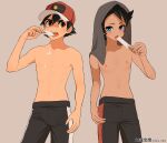  2boys ash_ketchum bangs baseball_cap black_hair blue_eyes brown_eyes coffee-break collarbone commentary_request cowboy_shot dripping eating eyelashes food goh_(pokemon) hat highres holding male_focus multiple_boys navel open_mouth pants pokemon pokemon_(anime) pokemon_swsh_(anime) popsicle red_headwear short_hair teeth tongue tongue_out topless_male towel towel_on_head upper_teeth 