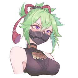  1girl bangs black_mask blush breasts commentary_request cropped_torso genshin_impact green_hair hair_between_eyes highres kuki_shinobu mask medium_breasts mouth_mask ninja_mask red_rope rope simple_background sleeveless solo sweat upper_body violet_eyes white_background yamabuki_(laysis_yama) 