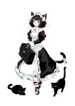  1girl absurdres animal_ears bag bangs bell black_cat black_hair cat cat_ears cat_tail deel_(rkeg) fingerless_gloves gloves green_eyes highres long_sleeves looking_at_viewer maid maid_headdress original puffy_long_sleeves puffy_sleeves satchel short_hair solo tail tail_bell tail_ornament white_background 