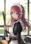  1girl bangs blue_eyes blush broom day holding holding_broom indoors long_hair looking_at_viewer maid maid_headdress mookyuu9 original redhead shadow smile solo standing sunlight upper_body window 