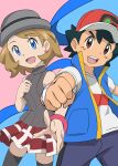  1boy 1girl ash_ketchum bangs baseball_cap black_hair black_legwear blonde_hair blue_eyes breasts brown_eyes couple hat highres jacket looking_at_viewer open_mouth pokemon pokemon_(anime) pokemon_swsh_(anime) ribbon serena_(pokemon) shirt short_hair skirt smile t-shirt thigh-highs wing_collar yusuke_oshida 