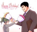  1boy 1girl birthday black_hair blush bouquet collared_shirt facial_hair flower from_side gift green_eyes green_hair happy_birthday height_difference highres holding holding_bouquet igarashi_futaba_(shiromanta) jacket mature_male medium_hair necktie office_lady on_head pan_ccp pink_flower purple_necktie salaryman senpai_ga_uzai_kouhai_no_hanashi shirt short_hair smile stubble takeda_harumi_(shiromanta) thick_eyebrows upper_body yellow_flower 