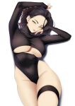  1girl arms_up black_hair black_leotard blueorca breasts closed_mouth clothing_cutout forehead green_eyes highleg highleg_leotard highres large_breasts leotard lips long_sleeves looking_at_viewer lying mole mole_on_breast on_back original short_hair simple_background smile solo thigh_strap under_boob underboob_cutout white_background 