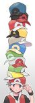  1boy adjusting_clothes adjusting_headwear baseball_cap black_headwear black_shirt blue_headwear blush closed_mouth commentary_request gradient gradient_background green_headwear grey_eyes grey_hair grey_headwear hand_up hat hat_over_hat head_tilt highres looking_at_viewer male_focus outline partial_commentary pokemon pokemon_(game) pokemon_frlg pumpkinpan red_(pokemon) red_headwear red_vest shirt short_hair short_sleeves simple_background solo sparkle spiky_hair stacked_hats sweatband tall_image too_many_hats upper_body vest white_background white_headwear white_outline yellow_headwear 