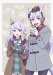  2girls :d :o animal_ears bandages border bow brown_background brown_coat brown_headwear coat coffee_cup cup disposable_cup enonko gold_ship_(umamusume) grey_border grey_coat hair_bow highres holding holding_cup horse_ears horse_girl horse_tail long_hair long_sleeves looking_at_viewer looking_back mejiro_mcqueen_(umamusume) mittens multiple_girls open_mouth purple_hair smile tail umamusume violet_eyes winter_clothes winter_coat 