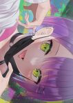  1girl bangs black_choker choker collarbone cross cross_earrings ear_piercing earrings eyebrows_visible_through_hair fangs green_eyes highres hololive jacket jewelry kachikachipiroo mask_pull piercing portrait purple_hair short_hair sideways solo tokoyami_towa tongue tongue_out virtual_youtuber white_jacket 