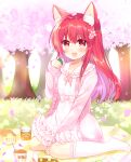  1girl animal_ear_fluff animal_ears bangs blanket cat_ears cherry_blossoms commentary_request dress eyebrows_visible_through_hair flower food frilled_dress frilled_legwear frilled_sailor_collar frills grass hair_between_eyes hair_flower hair_ornament hanami hand_up highres holding holding_food jacket long_hair long_sleeves multicolored_hair no_shoes original petals pink_jacket puffy_long_sleeves puffy_sleeves purple_hair red_eyes redhead sailor_collar sailor_dress sakura_mochi shikito sitting sleeves_past_wrists socks solo tree two-tone_hair wagashi wariza white_dress white_flower white_legwear 