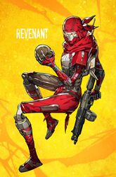  1boy absurdres apex_legends bandana character_name eva-8 from_side gun highres holding holding_gun holding_skull holding_weapon humanoid_robot loincloth looking_at_viewer male_focus mika_pikazo no_humans red_bandana red_scarf revenant_(apex_legends) scarf science_fiction shotgun simulacrum_(titanfall) skull weapon yellow_background yellow_eyes 