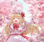 1girl :d ^_^ back_bow bangs blonde_hair blush bow capelet cherry_blossoms closed_eyes commentary_request dress eyebrows_visible_through_hair happy hat hat_bow kibisake lily_white long_hair long_sleeves open_mouth outstretched_arms pointy_hat red_bow red_sash sash sidelocks smile touhou very_long_hair white_capelet white_dress white_headwear wide_sleeves 