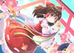  1girl bangs bare_shoulders blush bow brown_hair closed_mouth commentary_request detached_sleeves dutch_angle flower frilled_bow frilled_skirt frills hair_bow hair_tubes hakurei_reimu hand_fan kibisake long_sleeves red_bow red_eyes red_skirt red_vest ribbon ribbon-trimmed_sleeves ribbon_trim sarashi skirt torii touhou vest white_sleeves wide_sleeves 