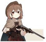  1girl ahoge alternate_costume belt braid braided_bangs brown_capelet brown_cloak brown_corset brown_eyes brown_hair capelet cloak corset cowboy_hat gloves gun gyaheung handgun hat highres hololive hololive_english holster holstered_weapon looking_at_viewer multicolored_hair nanashi_mumei partially_fingerless_gloves pistol red_skirt ribbon shirt short_hair shotgun skirt smile solo streaked_hair virtual_youtuber weapon weapon_request white_shirt 