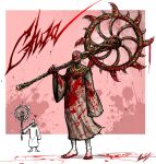  1boy bandaged_head bandages barefoot blood blood_on_clothes blood_on_face blood_on_hands blood_splatter elden_ring facing_viewer hand_up hanzkilla heart highres holding holding_weapon inquisitor_ghiza long_sleeves over_shoulder robe signature standing weapon weapon_over_shoulder wide_sleeves 