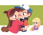  1boy 2girls baseball_cap blonde_hair blush braces brown_hair cheek-to-cheek crossed_arms dipper_pines earrings eyelashes eyeshadow gravity_falls grin hairband half-closed_eyes hat heads_together hug jewelry long_hair mabel_pines makeup multiple_girls one_eye_closed open_mouth pacifica_northwest redrawn serious siblings sketch sleeveless sleeveless_jacket smile sweater twins ukata upper_body 