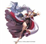  1girl alternate_costume book breasts cape dress electricity fire_emblem fire_emblem:_genealogy_of_the_holy_war fire_emblem_heroes flower gloves hair_ornament hand_up high_heels ishtar_(fire_emblem) jewelry legs lightning long_hair magic nijihayashi nintendo non-web_source official_alternate_costume outstretched_hand simple_background solo very_long_hair 