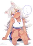 ... 1girl absurdres animal_ears bangs black_shorts closed_mouth dark-skinned_female dark_skin full_body highres long_hair looking_to_the_side on_floor original owasaki shorts signature simple_background sitting soles solo sports_bra tail toes violet_eyes white_background white_hair wolf_ears wolf_girl wolf_tail