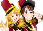  2girls bang_dream! bangs blonde_hair brown_hair elu_pom eyebrows_visible_through_hair itou_miku jacket long_hair medium_hair mole mole_under_mouth multiple_girls one_eye_closed parted_lips real_life red_headwear red_jacket smile tsurumaki_kokoro v voice_actor white_background yellow_eyes 