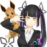  1girl alternate_costume bangs black_hair black_jacket blunt_bangs breasts closed_mouth collared_shirt commentary_request demon_girl demon_horns demon_tail eevee engacyo_(engacyo39800yen) horns jacket jewelry kojo_anna long_hair long_sleeves looking_at_viewer medium_breasts multicolored_hair pointy_ears pokemon pokemon_(creature) purple_hair ring shirt simple_background smile sugar_lyric tail transparent_background twintails two-tone_hair upper_body virtual_youtuber white_shirt yellow_eyes 