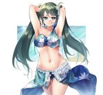  1girl armpits bare_arms bare_shoulders bikini blue_bikini blue_eyes blue_hair blue_sarong breasts closed_mouth collarbone cowboy_shot floral_print groin isuzu_(kancolle) kantai_collection large_breasts long_hair navel sarong smile solo swimsuit tongue tongue_out twintails u_yuz_xx 