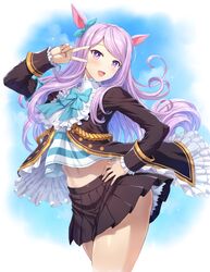  1girl absurdres animal_ears bangs black_jacket black_skirt ear_bow floating_hair frills hand_on_hip hand_up highres horse_ears horse_girl horse_tail jacket light_purple_hair long_hair long_sleeves looking_at_viewer mejiro_mcqueen_(umamusume) miniskirt mogudan navel open_mouth parted_bangs pleated_skirt shiny shiny_hair shirt skirt smile solo striped striped_shirt swept_bangs tail thighs turtleneck umamusume v 