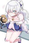 1boy akitokage anastasia_(fate) anastasia_(swimsuit_archer)_(fate) bangs blush breasts eyebrows_visible_through_hair eyes_visible_through_hair fate/grand_order fate_(series) glasses hair_between_eyes highres jewelry large_breasts light_blue_eyes long_hair looking_at_viewer necklace shoes sitting smile solo swimsuit viy_(fate) white_background white_hair 