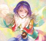  1girl :d abstract_background bangs blue_eyes blue_hair cape cloak dress earrings hairband jewelry long_sleeves looking_at_viewer multicolored_clothes multicolored_dress multicolored_hairband open_mouth patchwork_clothes purple_hair rainbow_gradient shawl short_hair smile solo swept_bangs tenkyuu_chimata touhou upper_body violet_eyes white_cape white_cloak wind xero 