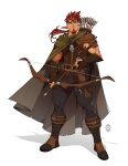  1boy arrow_(projectile) bag belt black_belt boots bow_(weapon) cape closed_mouth facial_hair goatee long_hair male_focus original pointy_ears ponytail quiver satchel smile solo spiky_hair weapon xelgot 