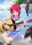  1girl absurdres angel_beats! animal bird blue_sailor_collar blue_skirt blue_sky closed_mouth clouds commentary_request crow day eyebrows_visible_through_hair guitar highres holding holding_instrument instrument iwasama_masami lips long_hair miniskirt music plant playing_instrument pleated_skirt red_eyes redhead sailor_collar school_uniform shirt sitting skirt sky sleeves_rolled_up uniform water white_shirt zuzuhashi 