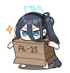  1girl arisu_(blue_archive) bangs black_hairband blue_archive cardboard_box_gundam chibi commentary_request gundam hair_between_eyes hairband halo highres junsuina_fujunbutsu long_hair meme no_mouth one_side_up parody simple_background solo sparkle standing white_background 