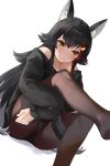  1girl animal_ear_fluff animal_ears bangs bare_shoulders black_hair black_shirt brown_eyes brown_legwear closed_mouth dutch_angle eyebrows_visible_through_hair feet_out_of_frame hololive kananote leg_up long_hair multicolored_hair off_shoulder ookami_mio pantyhose redhead shirt simple_background sitting solo streaked_hair very_long_hair virtual_youtuber white_background wolf_ears 