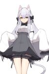  1girl absurdres animal_ears bangs black_bow black_bowtie blue_eyes bobby36446329 bow bowtie breasts brown_eyes cat_ears cat_girl cat_tail center_frills closed_mouth commentary_request eyebrows_behind_hair frills grey_hair grey_skirt hair_between_eyes hair_bow heterochromia high-waist_skirt highres korean_commentary long_hair long_sleeves looking_at_viewer original puffy_long_sleeves puffy_sleeves shirt simple_background skirt sleeves_past_fingers sleeves_past_wrists small_breasts solo tail very_long_hair white_background white_shirt 