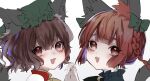  2girls :d animal_ear_fluff animal_ears bell blush bow braid brown_eyes brown_hair cat_ears cat_tail chen eyebrows_visible_through_hair fang green_bow green_headwear hair_between_eyes hair_bow hat holding_hands interlocked_fingers jingle_bell kaenbyou_rin looking_at_viewer mob_cap multiple_girls open_mouth portrait red_eyes redhead short_hair simple_background smile suzune_hapinesu symbol-only_commentary tail touhou twin_braids white_background 