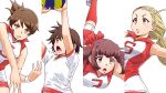  4girls arms_up blonde_hair breasts brown_hair cowboy_shot elbow_pads girls_und_panzer gym_uniform highres isobe_noriko kawanishi_shinobu kneehighs kondou_taeko large_breasts long_hair multiple_girls open_mouth purple_z red_ribbon ribbon sasaki_akebi satou_yasu short_hair v-shaped_eyebrows volleyball white_background yellow_eyes 