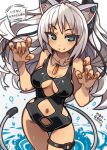  1girl animal_ears bangs blue_eyes breasts claw_pose clothing_cutout commission cowboy_shot dark-skinned_female dark_skin dutch_angle eyebrows_visible_through_hair grey_hair headgear highres jewelry long_hair looking_at_viewer medium_breasts nancou_(nankou) navel navel_cutout one-piece_swimsuit orange_nails original pendant smile solo speech_bubble swimsuit tail thigh_strap underboob_cutout 