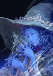 1girl artist_name blue_eyes blue_nails blue_skin colored_skin commentary_request elden_ring extra_arms extra_faces fingernails hat highres interlocked_fingers jenelle_yuan lips looking_at_viewer nail_polish one_eye_closed ranni_the_witch upper_body white_headwear witch_hat 