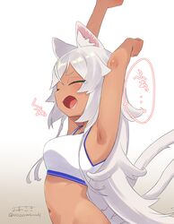  1girl absurdres armpits arms_up bangs closed_eyes dark-skinned_female dark_skin highres long_hair long_sleeves navel open_mouth original owasaki signature solo sports_bra stretch tail tears white_background white_hair wolf_girl wolf_tail yawning 