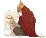  1boy 1girl blonde_hair bracelet braid braiding_hair brother_and_sister cape donar0217 elden_ring facing_away from_behind full_body fur-trimmed_cape fur_trim hairdressing head_wreath helmet jewelry leaf long_hair malenia_blade_of_miquella miquella_(elden_ring) prosthesis prosthetic_arm red_cape redhead scar scar_on_arm siblings simple_background sitting smile two-tone_background wavy_hair white_background winged_helmet 