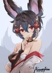  1girl animal_ear_fluff animal_ears artist_name bangs bare_shoulders bikini black_hair black_nails blush bridal_gauntlets closed_eyes closed_mouth collar collarbone dated erune eyebrows_visible_through_hair fang fingernails granblue_fantasy hair_between_eyes hand_on_own_chin highres large_ears long_fingernails looking_at_viewer multiple_tails nail_polish punished_pigeon red_eyes short_hair simple_background solo swimsuit tail upper_body white_background white_bikini you_(granblue_fantasy) 