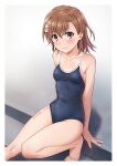  1girl arm_support bangs bare_arms bare_legs bare_shoulders barefoot blue_swimsuit blush breasts brown_eyes brown_hair closed_mouth collarbone competition_school_swimsuit eyebrows_visible_through_hair feet flower hair_between_eyes hair_flower hair_ornament isshi_pyuma looking_at_viewer misaka_mikoto one-piece_swimsuit school_swimsuit short_hair sitting small_breasts solo swimsuit toaru_kagaku_no_railgun toaru_majutsu_no_index twitter_username 