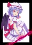  1girl bat_wings black_border blush border bow dress hat letterboxed looking_at_viewer looking_back parted_lips pointy_ears puffy_short_sleeves puffy_sleeves red_eyes remilia_scarlet ribbon short_sleeves sitting smile solo spear_the_gungnir striped striped_legwear thigh-highs tomo_takino touhou wings 