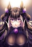  1girl adjusting_eyewear bangs black-framed_eyewear black_dress black_hair breasts commentary_request double_bun dress eyebrows_visible_through_hair fate/grand_order fate_(series) gem glasses hair_between_eyes hair_bun hair_cones hair_ornament highres large_breasts lips long_sleeves looking_at_viewer murasaki_shikibu_(fate) parted_lips pink_lips purple_gemstone semi-rimless_eyewear sentaku_nori solo twitter_username two_side_up upper_body violet_eyes 