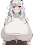  1girl absurdres blue_eyes blush breasts closed_mouth commentary_request covered_nipples eyebrows_visible_through_hair eyes_visible_through_hair hair_over_one_eye highres huge_breasts long_hair long_sleeves looking_at_viewer neneneji original silver_hair simple_background smile sweater taut_sweater turtleneck turtleneck_sweater upper_body white_background white_sweater 