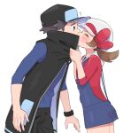  1boy 1girl ^^^ ^_^ baseball_cap black_coat black_headwear black_pants blue_shirt blush bow brown_eyes brown_hair cabbie_hat closed_eyes coat commentary_request flat_chest from_side hands_up hat hat_bow hetero high_collar highres kiss long_sleeves looking_at_another lyra_(pokemon) medium_hair official_alternate_costume open_clothes open_coat overalls pants partial_commentary pocket pokemon pokemon_(game) pokemon_hgss pokemon_masters_ex profile pumpkinpan red_bow red_shirt shirt short_hair sidelocks simple_background sleeveless_coat standing surprised twintails watch watch white_background white_headwear wide-eyed 