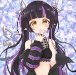  1girl abstract_background bangs black_hair black_jacket blunt_bangs blush breasts commentary_request crop_top demon_girl demon_horns demon_tail denshigomi eyebrows_visible_through_hair heart heart_print horns jacket jewelry kojo_anna long_hair long_sleeves looking_at_viewer medium_breasts midriff multicolored_hair navel off_shoulder open_clothes open_jacket open_mouth pointy_ears purple_background purple_hair ring russian_text solo sugar_lyric tail twintails two-tone_hair upper_body virtual_youtuber yellow_eyes 