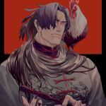  1boy bangs bird chicken chinese_clothes closed_mouth commentary_request highres holding long_hair male_focus mature_male muscular muscular_male original red_eyes reisei_zero rooster scar scar_on_face scarf solo 